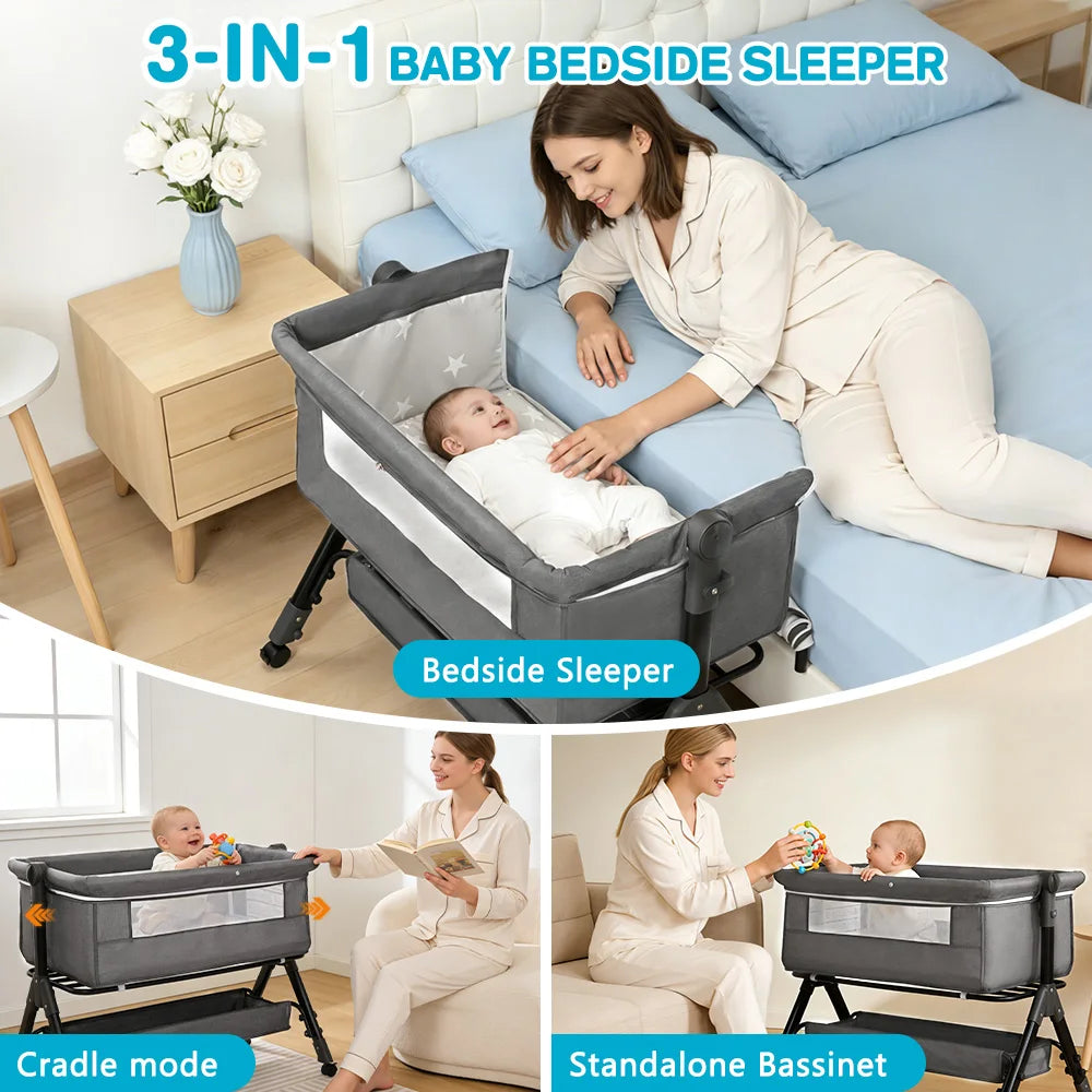 Portable Baby Bassinet Foldable Height Splicing Baby Cradle 3 in 1
