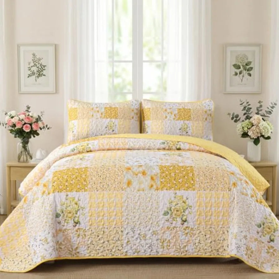 Quilt Set  Queen- 3 Pieces Boho Plaid Floral Bedspread Set Microfiber