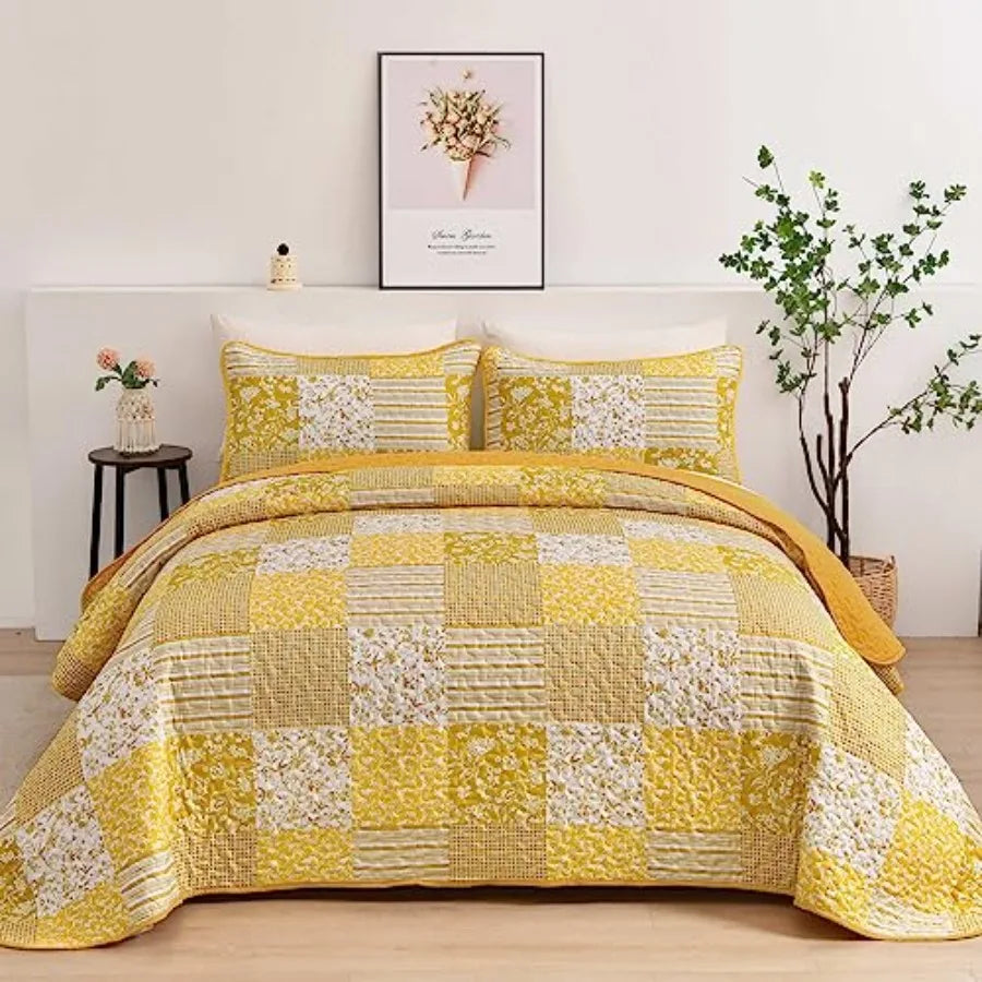 Quilt Set  Queen- 3 Pieces Boho Plaid Floral Bedspread Set Microfiber