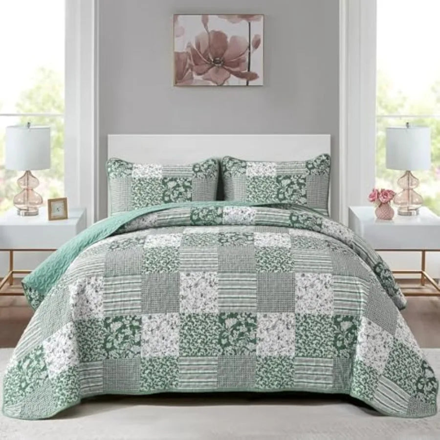 Quilt Set  Queen- 3 Pieces Boho Plaid Floral Bedspread Set Microfiber
