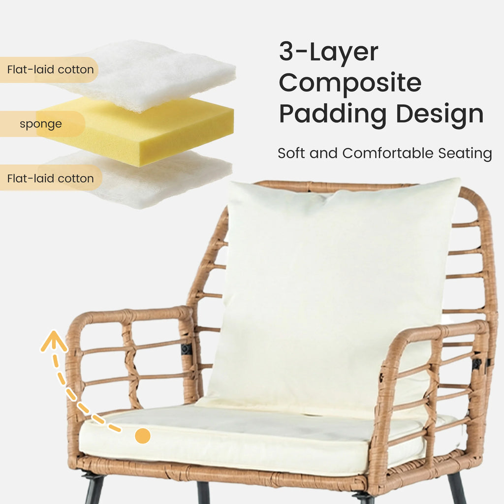 Wicker Patio  Set 4 Pieces with Soft Cushion and Glass Table