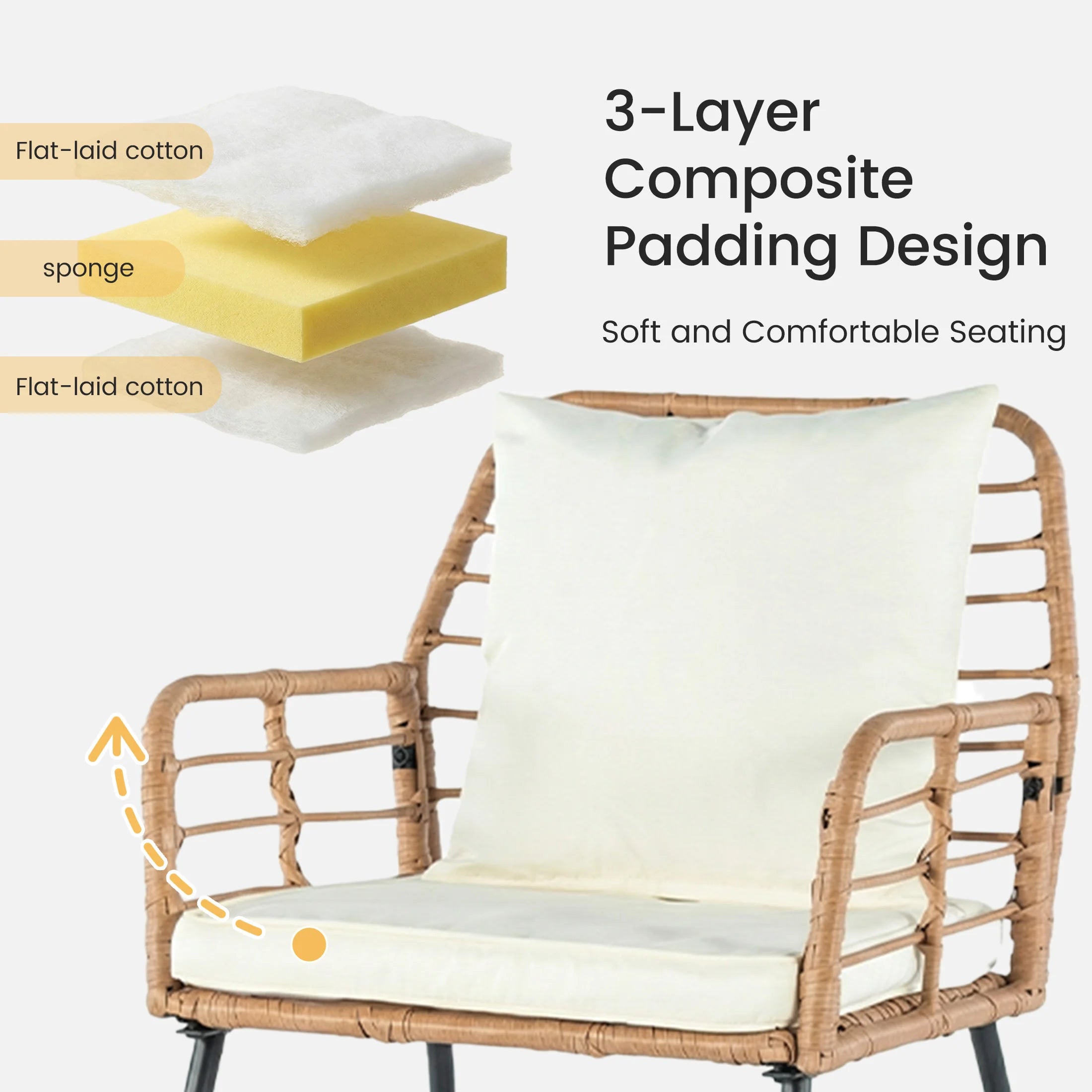 Wicker Patio  Set 4 Pieces with Soft Cushion and Glass Table