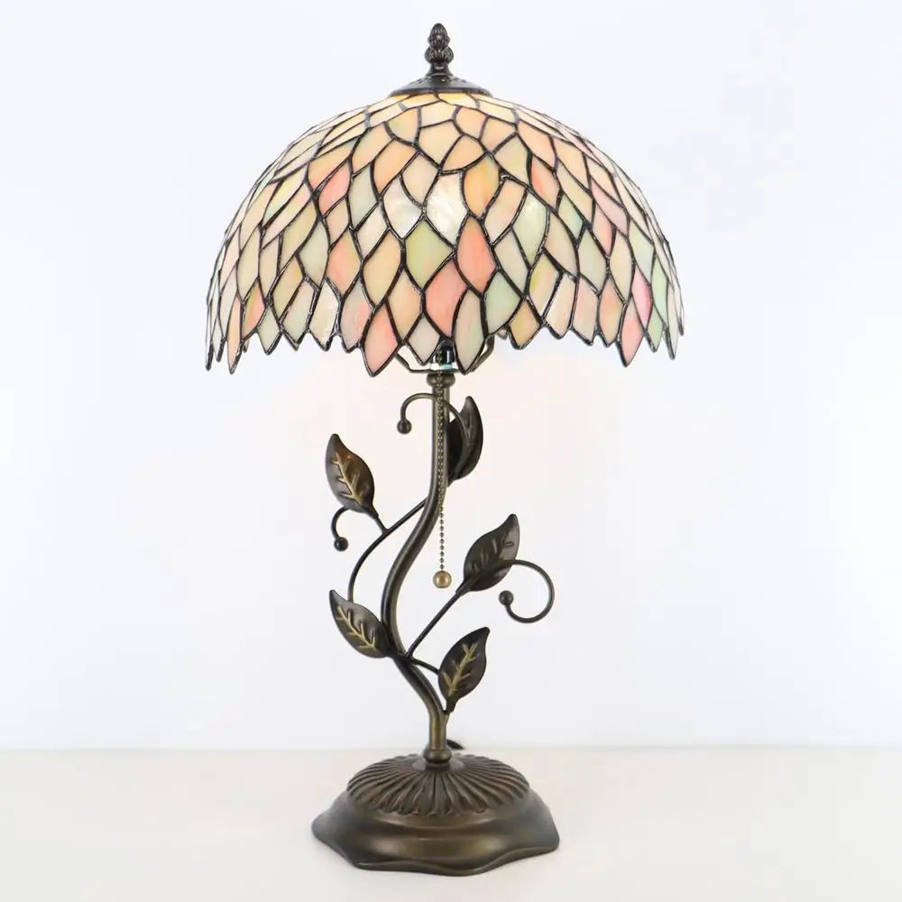 Stained Glass Tiffany Desk Lamp, 12x12x19, Metal Leaf Base, 7-Color Wisteria Style, Ideal for Bedside Reading