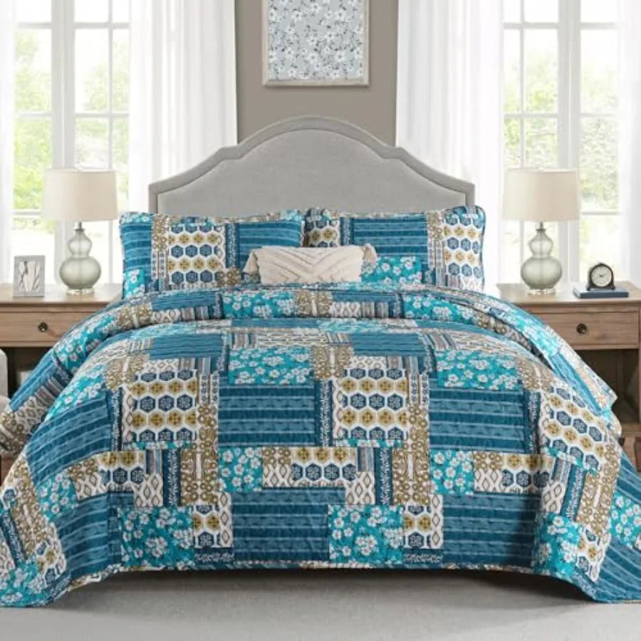 Quilt Set  Queen- 3 Pieces Boho Plaid Floral Bedspread Set Microfiber