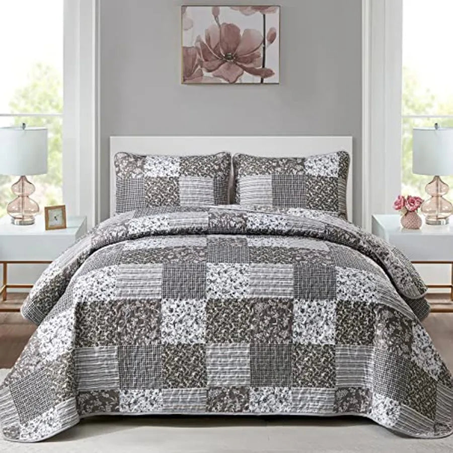 Quilt Set  Queen- 3 Pieces Boho Plaid Floral Bedspread Set Microfiber