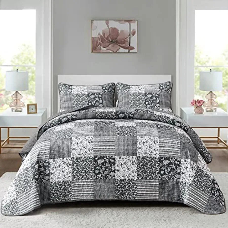 Quilt Set  Queen- 3 Pieces Boho Plaid Floral Bedspread Set Microfiber
