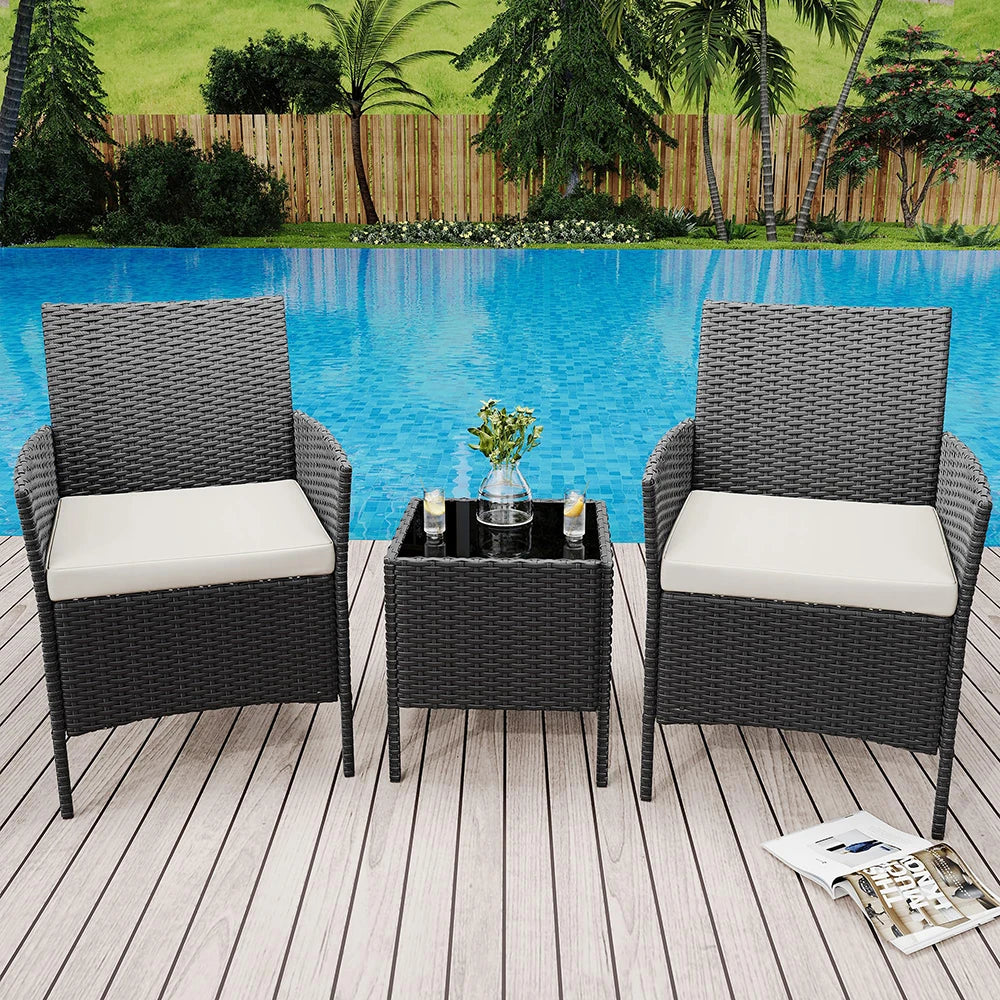3-Piece Wicker Patio  Set, All-Weather With Glass Coffee Table