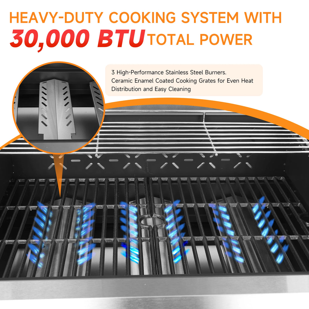 3-Burner Propane Gas Grill with Warming Rack, 30,000 BTU Outdoor BBQ Grill,