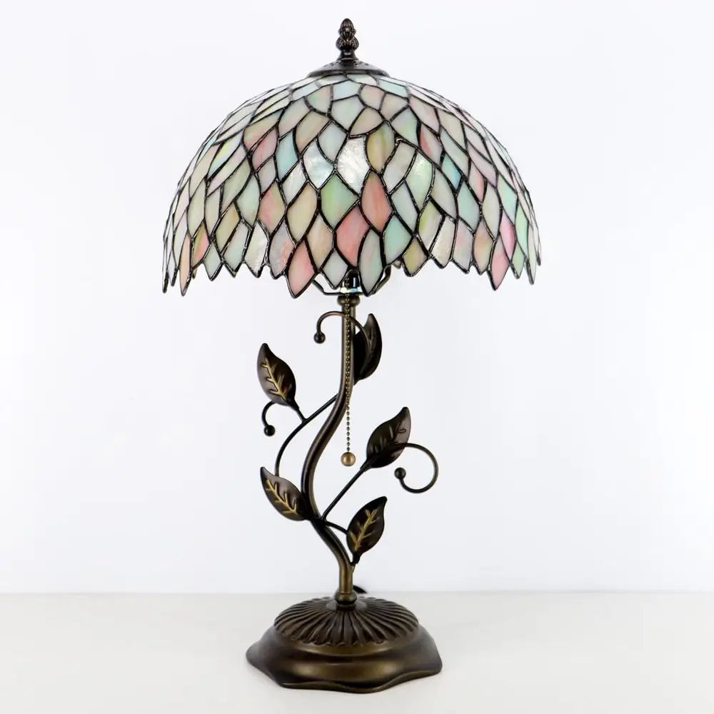 Stained Glass Tiffany Desk Lamp, 12x12x19, Metal Leaf Base, 7-Color Wisteria Style, Ideal for Bedside Reading