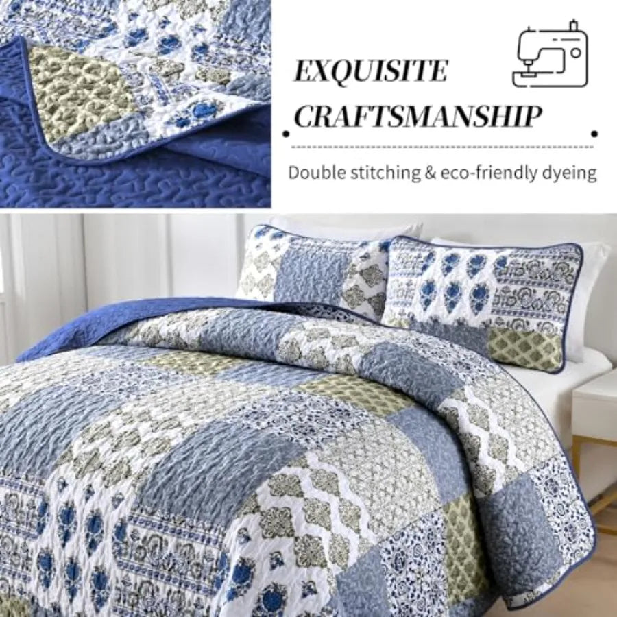 Quilt Set  Queen- 3 Pieces Boho Plaid Floral Bedspread Set Microfiber