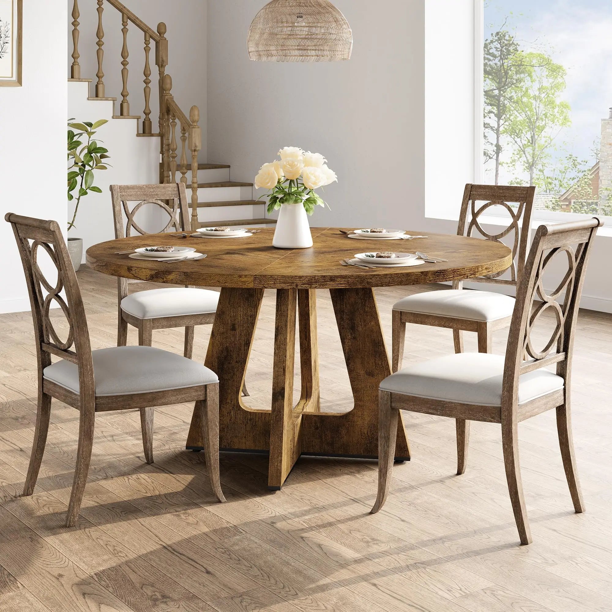 47-Inch Round Dining Table Large Wooden Kitchen Table For 4 to 6,