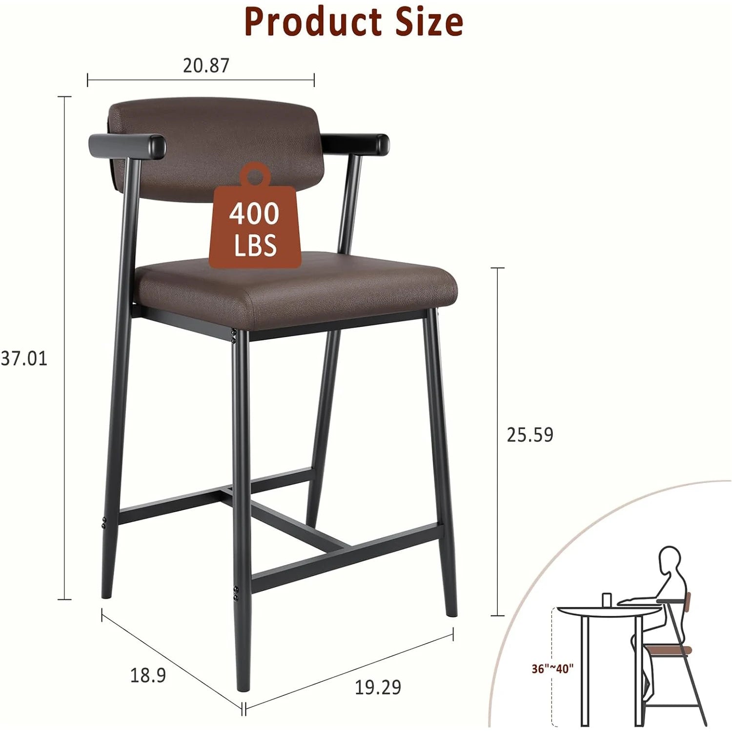2PCS Counter Height Bar Stools  ,Upholstered PU Leather Dining Chair