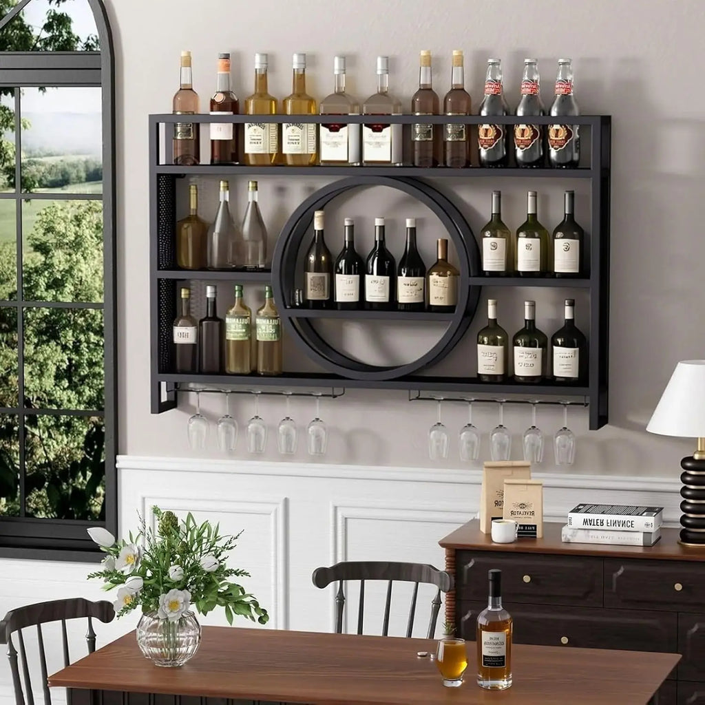 Wall Mounted Wine Rack with LED Lights, Iron Floating Wine Shelf