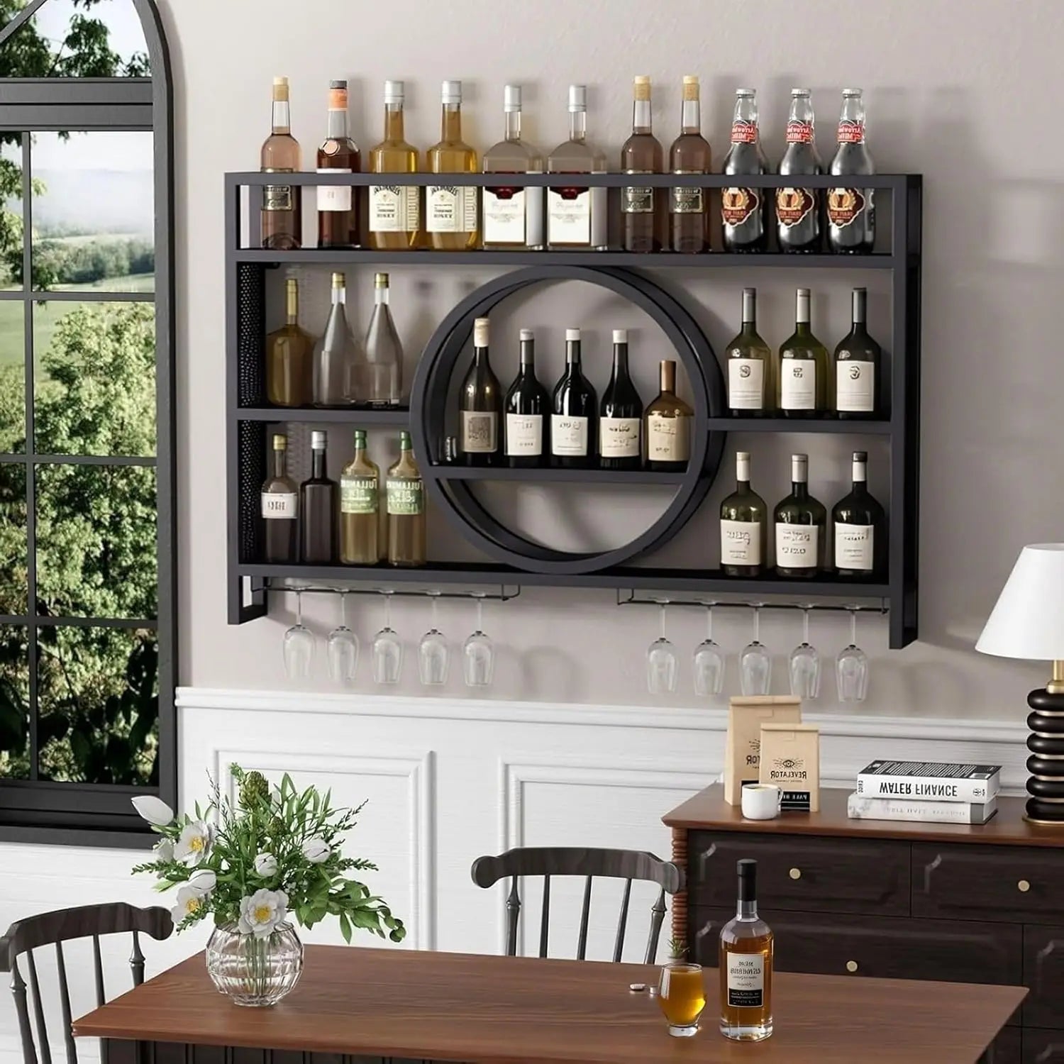 Wall Mounted Wine Rack with LED Lights, Iron Floating Wine Shelf