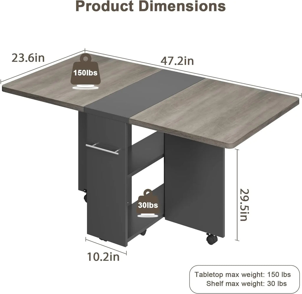Wood Folding /Dining Table / 6 Wheels and 2-Layer Storage Shelf For Home Office, 47.2" D x 23.6" W x 29.5" H