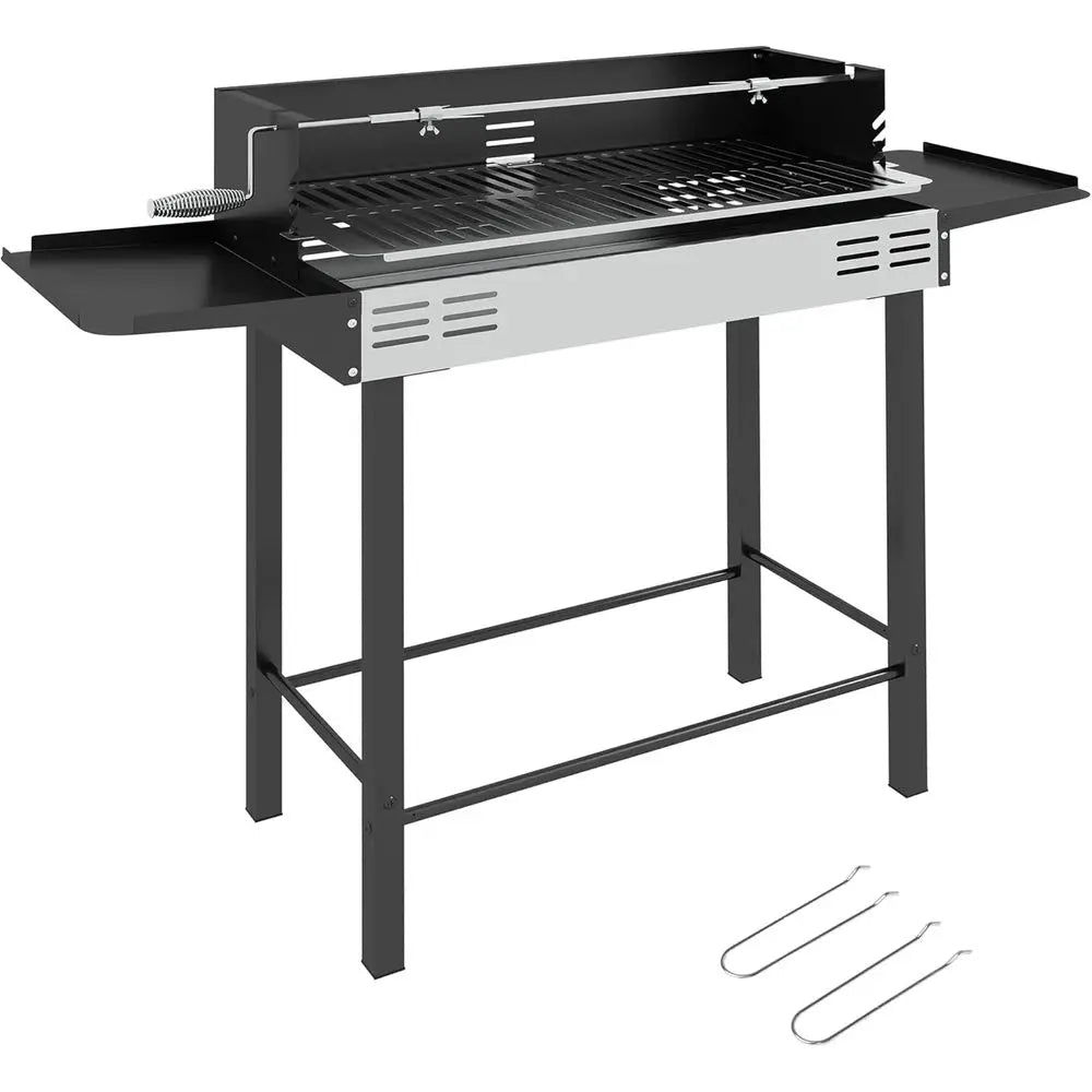 3-Level Charcoal Rotisserie Grill with Folding Shelves, Wind Guard,