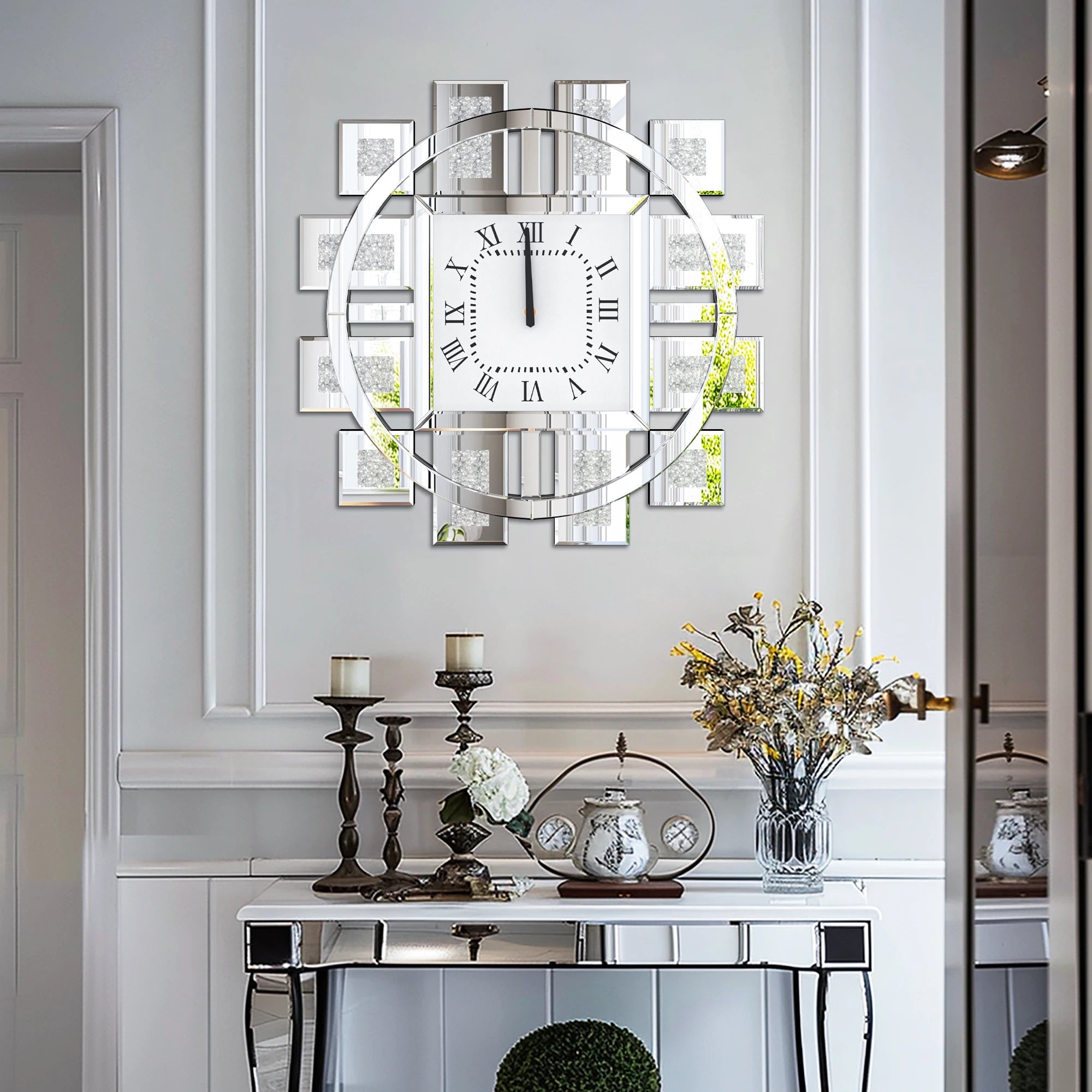 Large Crush Diamond Mirrored Wall Clock Sparkle Bling Quartz