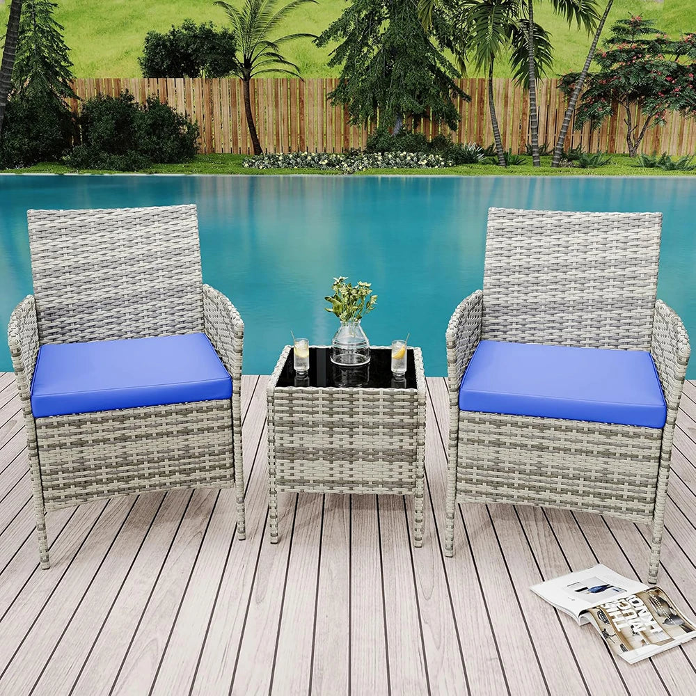 3-Piece Wicker Patio  Set, All-Weather With Glass Coffee Table