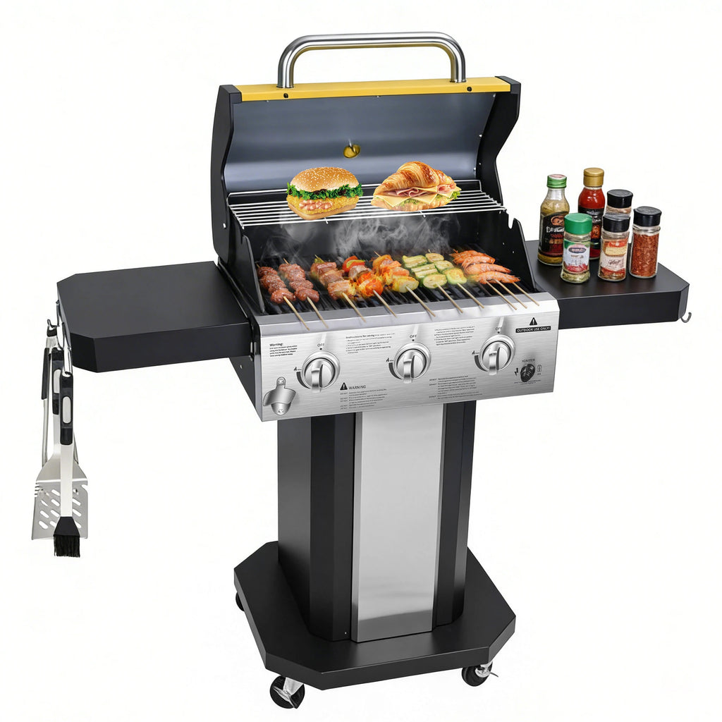 3-Burner Propane Gas Grill with Warming Rack, 30,000 BTU Outdoor BBQ Grill,