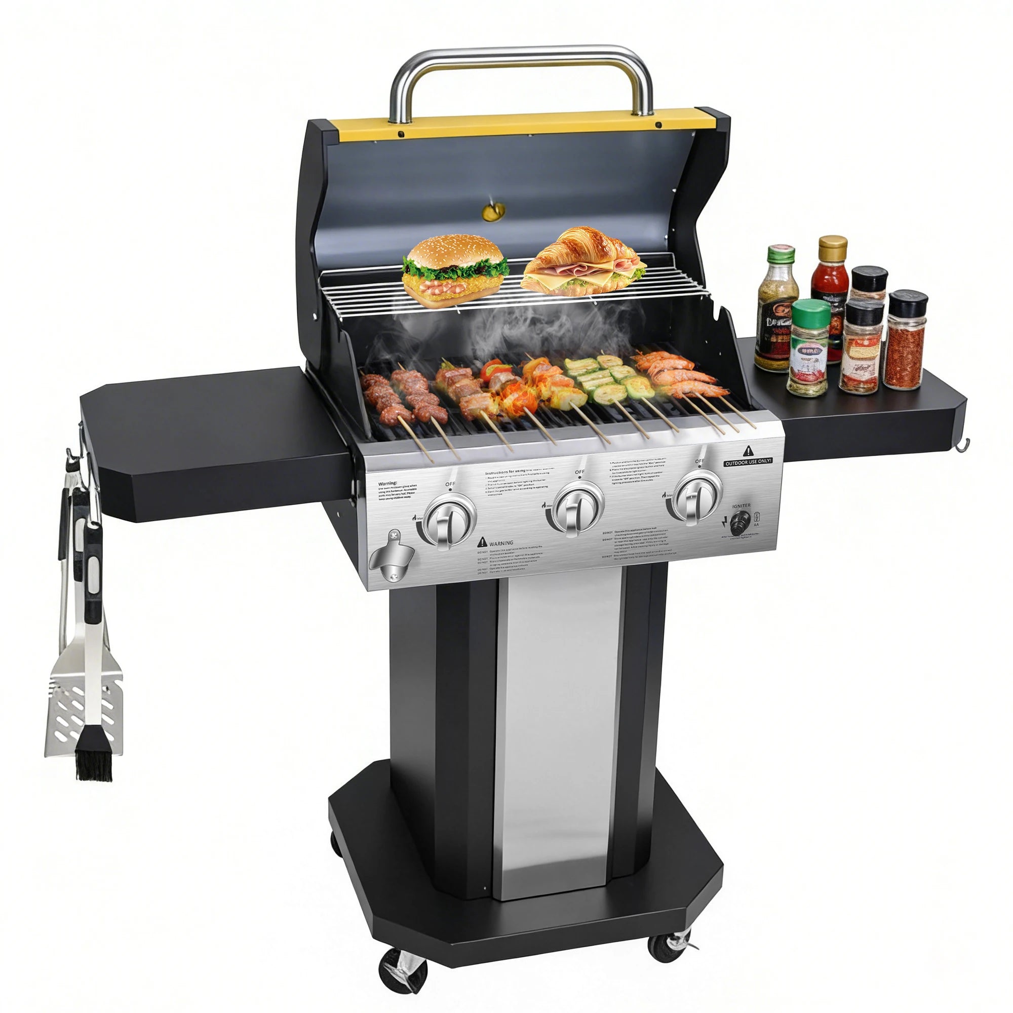 3-Burner Propane Gas Grill with Warming Rack, 30,000 BTU Outdoor BBQ Grill,