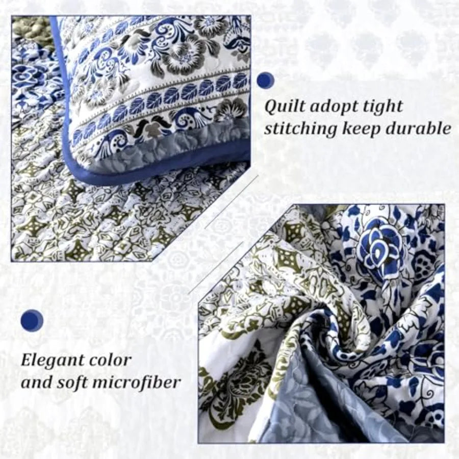 Quilt Set  Queen- 3 Pieces Boho Plaid Floral Bedspread Set Microfiber