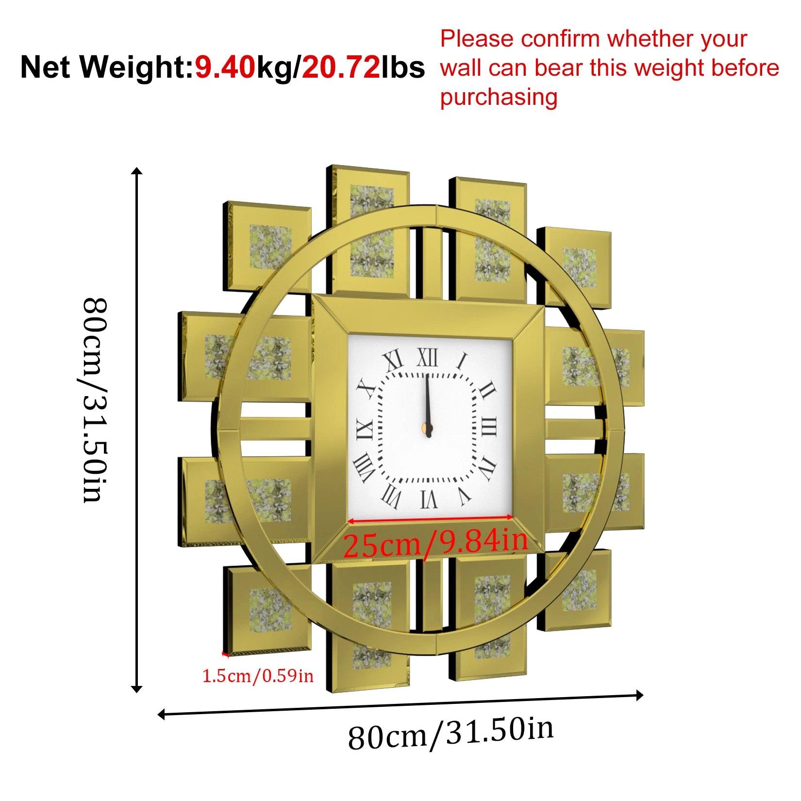 Large Crush Diamond Mirrored Wall Clock Sparkle Bling Quartz