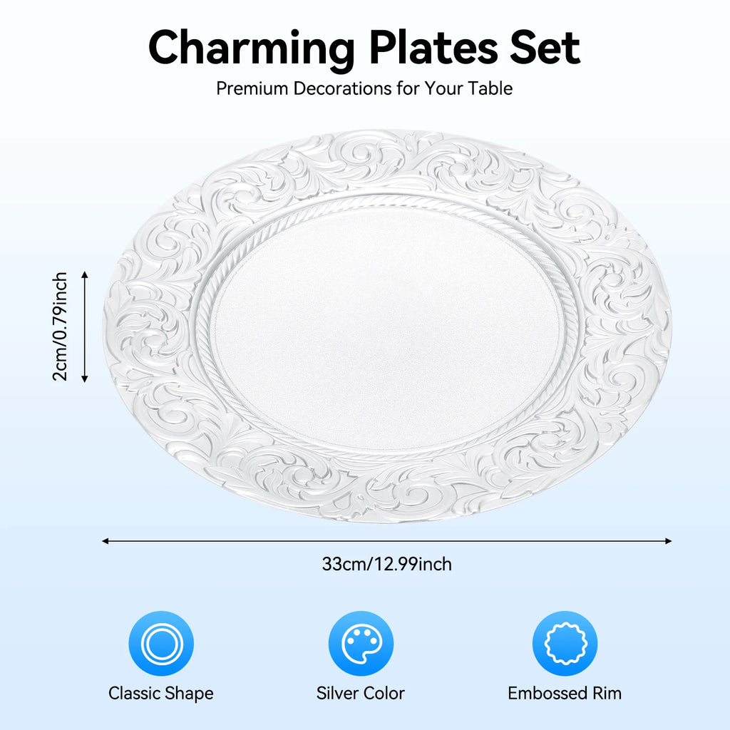 100 Pcs Silver Round Charger Plates Set, Reusable Serving Plates Disposable Platters for Wedding Party Banquets Picnics
