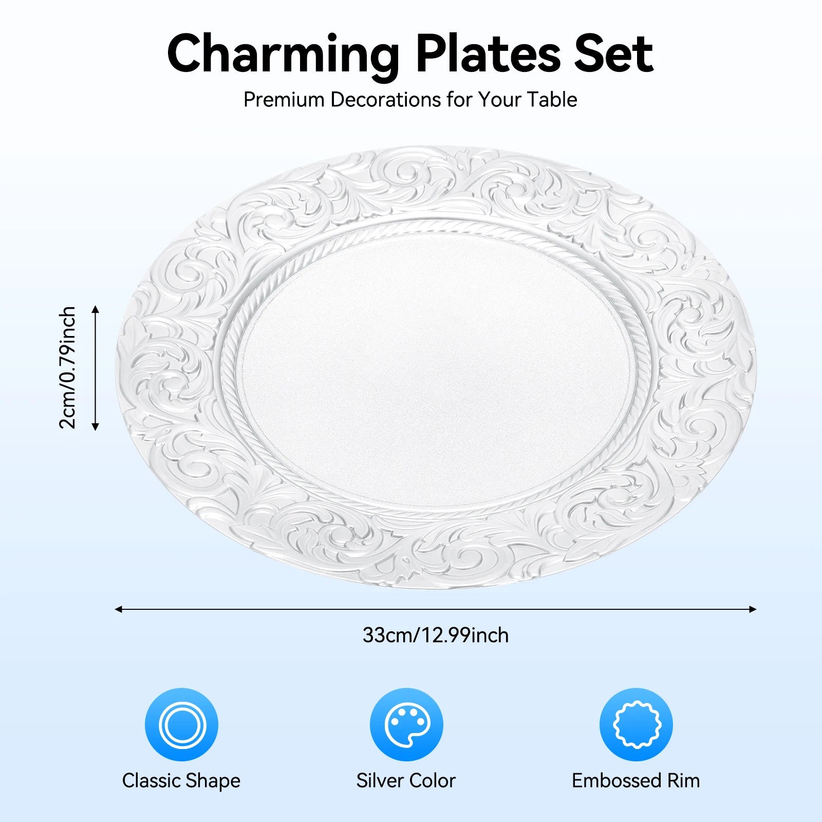 100 Pcs Silver Round Charger Plates Set, Reusable Serving Plates Disposable Platters for Wedding Party Banquets Picnics