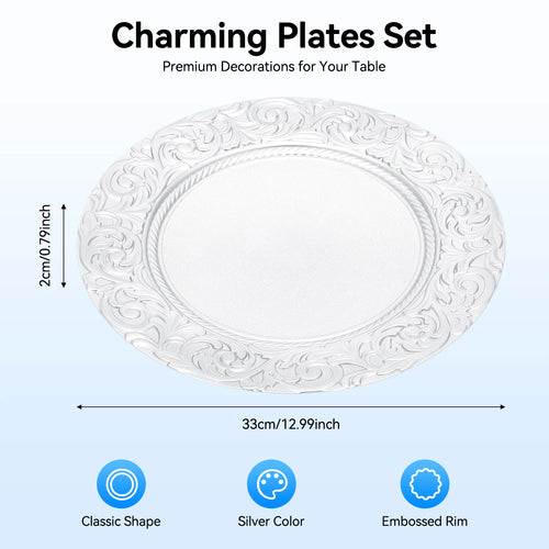100 Pcs Silver Round Charger Plates Set, Reusable Serving Plates Disposable Platters for Wedding Party Banquets Picnics