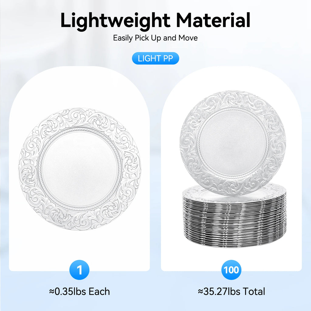 100 Pcs Silver Round Charger Plates Set, Reusable Serving Plates Disposable Platters for Wedding Party Banquets Picnics