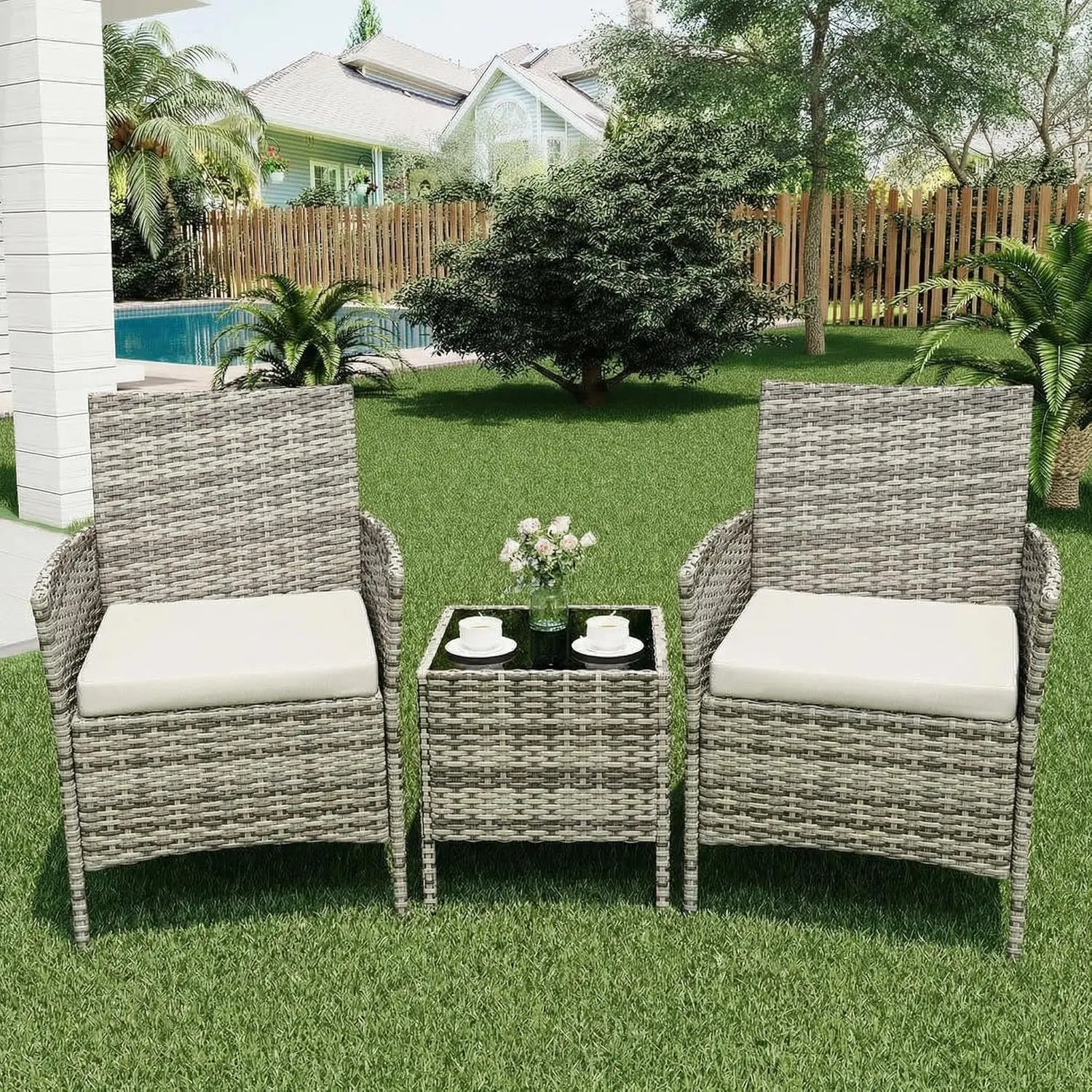 3-Piece Wicker Patio  Set, All-Weather With Glass Coffee Table