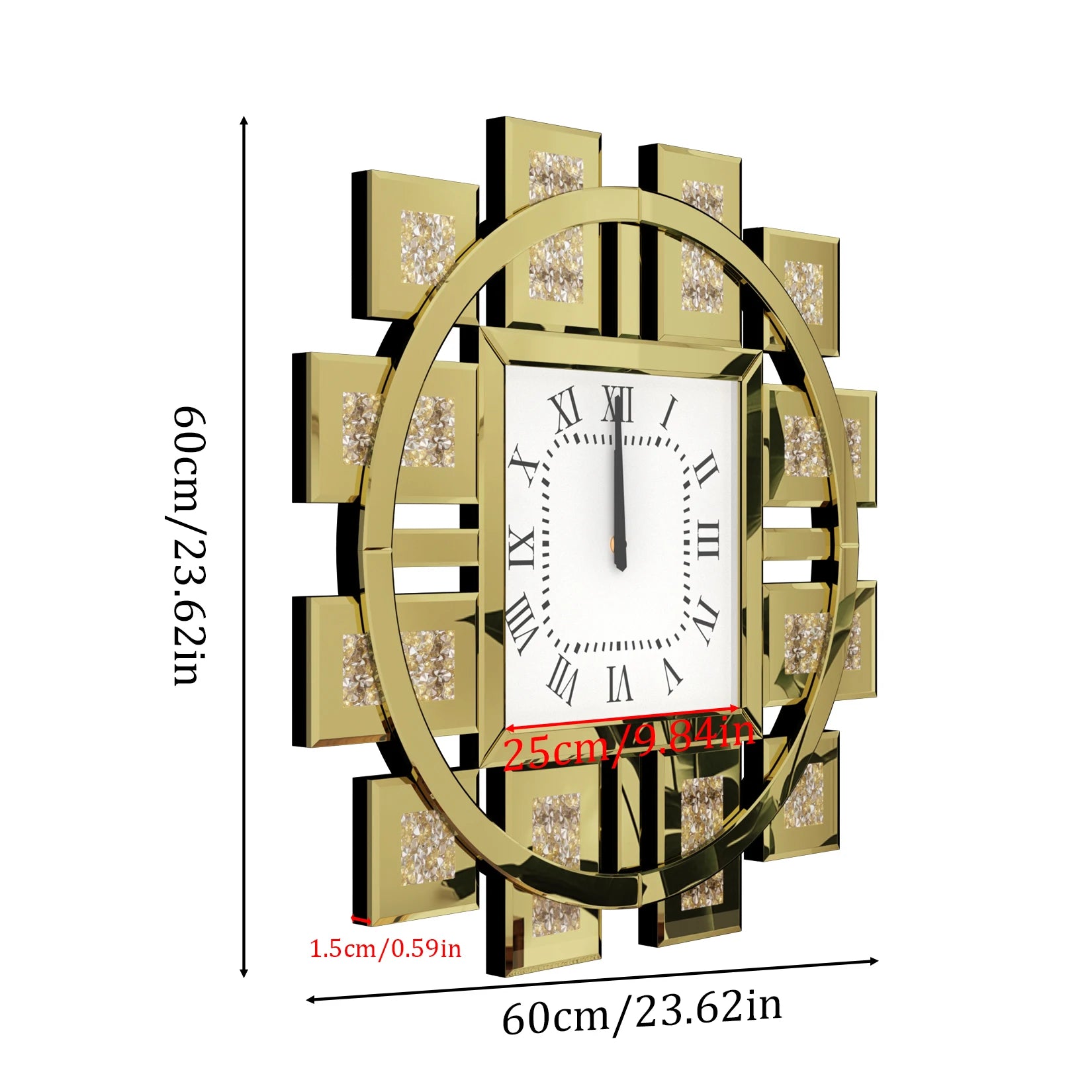 Large Crush Diamond Mirrored Wall Clock Sparkle Bling Quartz