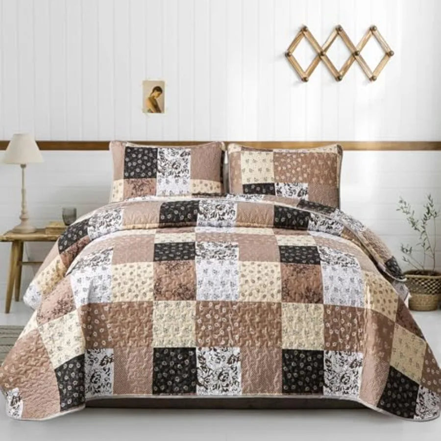 Quilt Set  Queen- 3 Pieces Boho Plaid Floral Bedspread Set Microfiber