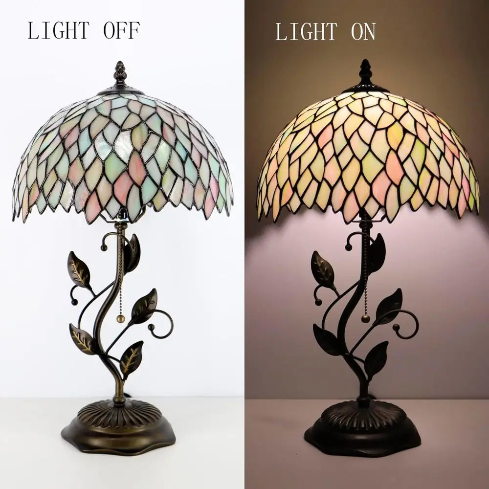 Stained Glass Tiffany Desk Lamp, 12x12x19, Metal Leaf Base, 7-Color Wisteria Style, Ideal for Bedside Reading