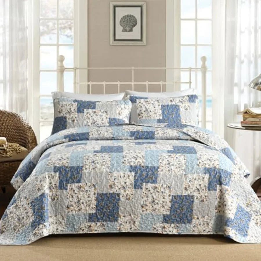 Quilt Set  Queen- 3 Pieces Boho Plaid Floral Bedspread Set Microfiber