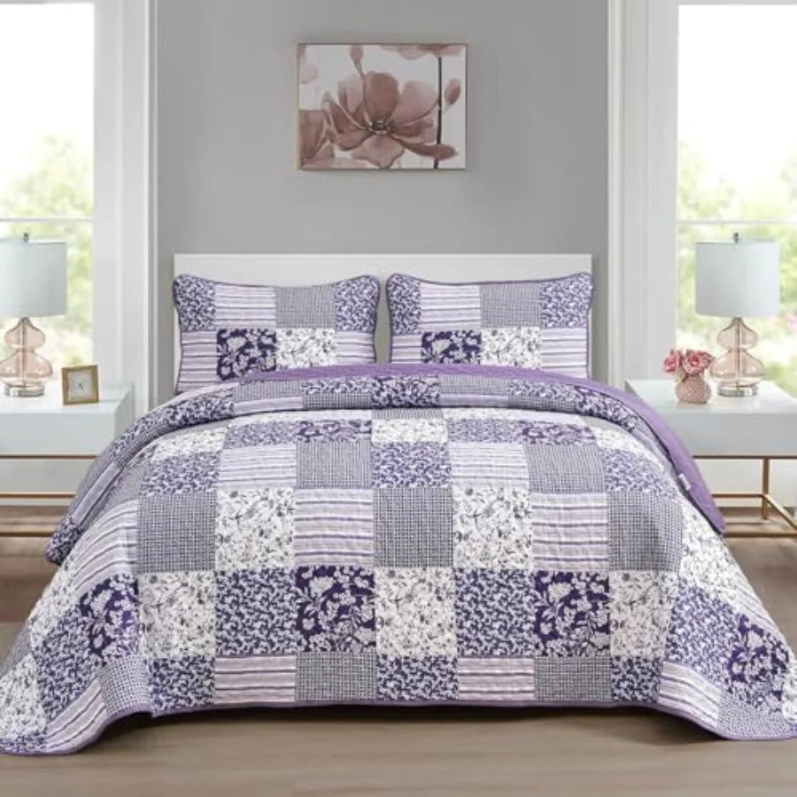 Quilt Set  Queen- 3 Pieces Boho Plaid Floral Bedspread Set Microfiber