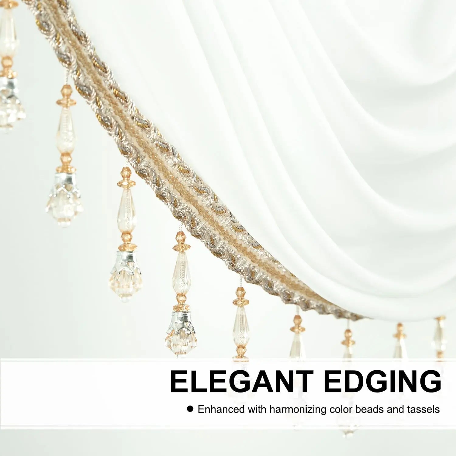 Luxury Sheer Valance with Beaded Tassels - Vintage Waterfall Swag Curtains