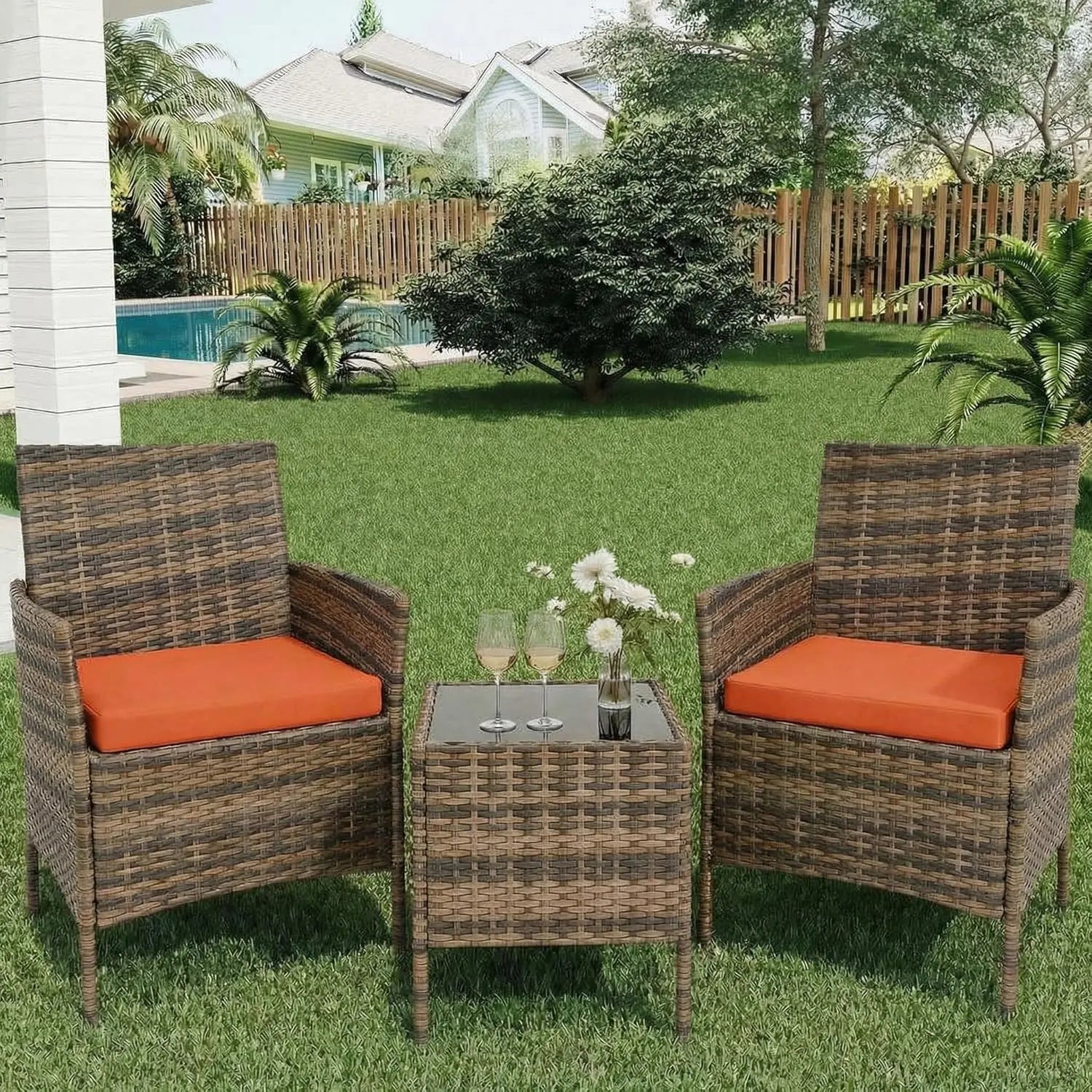 3-Piece Wicker Patio  Set, All-Weather With Glass Coffee Table