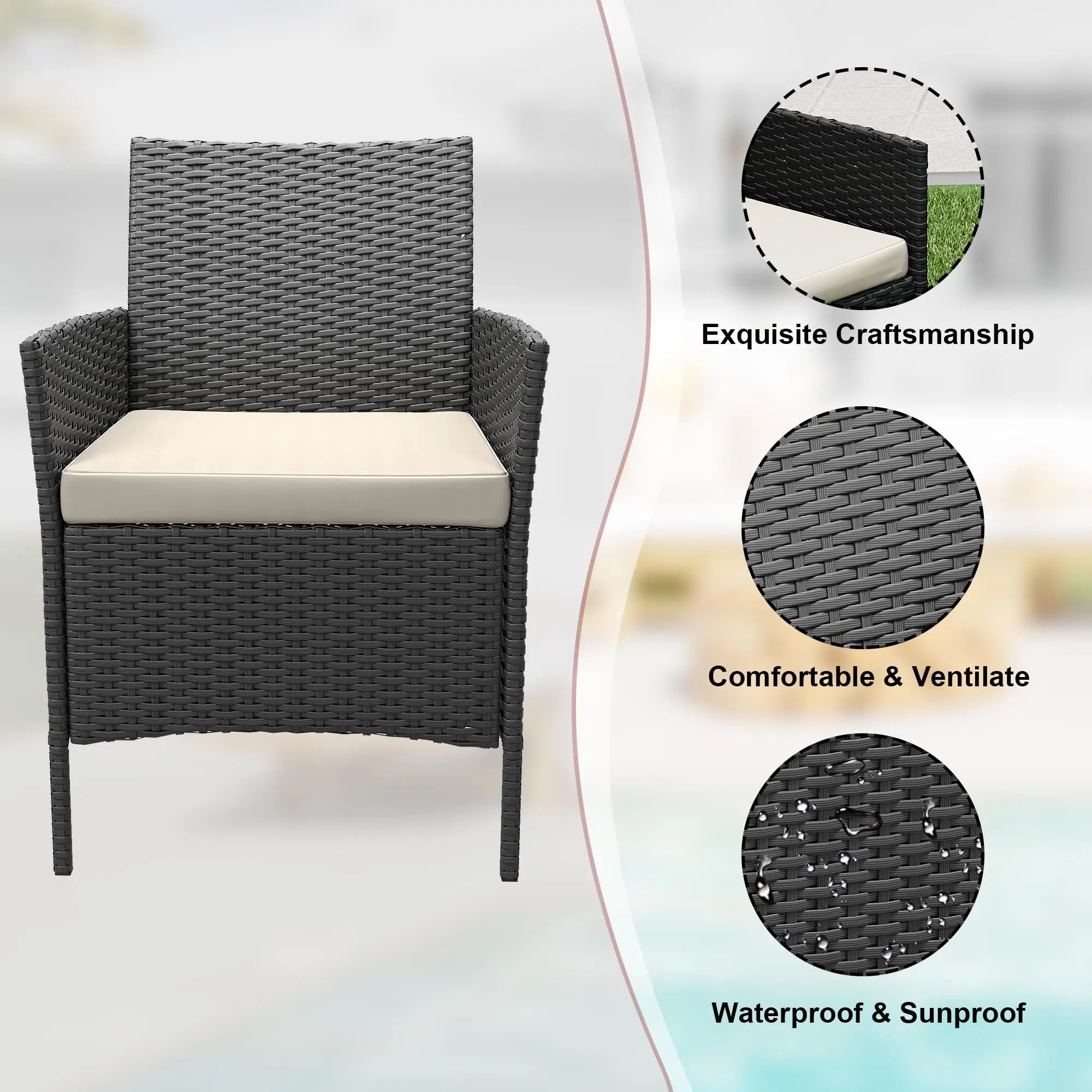 3-Piece Wicker Patio  Set, All-Weather With Glass Coffee Table