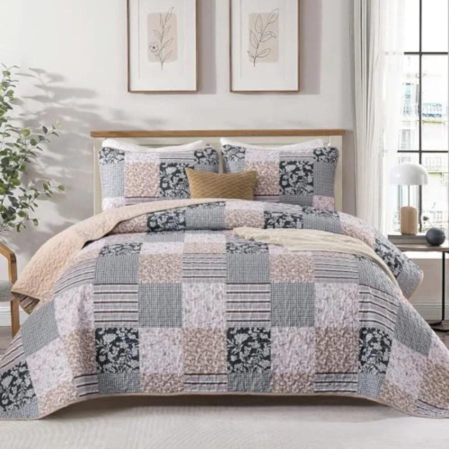 Quilt Set  Queen- 3 Pieces Boho Plaid Floral Bedspread Set Microfiber