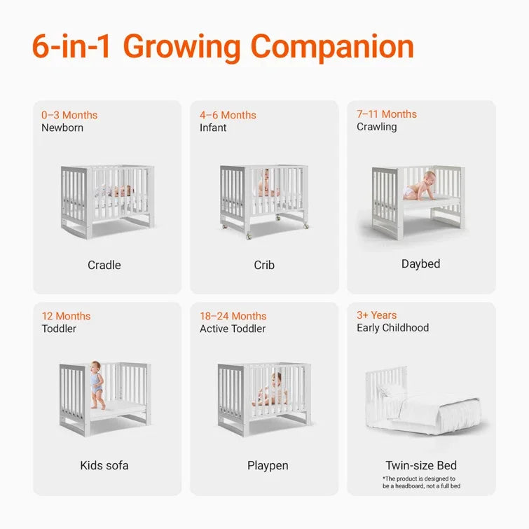 6-in-1 Portable Mini Crib with Mattress / Height Adjustable,