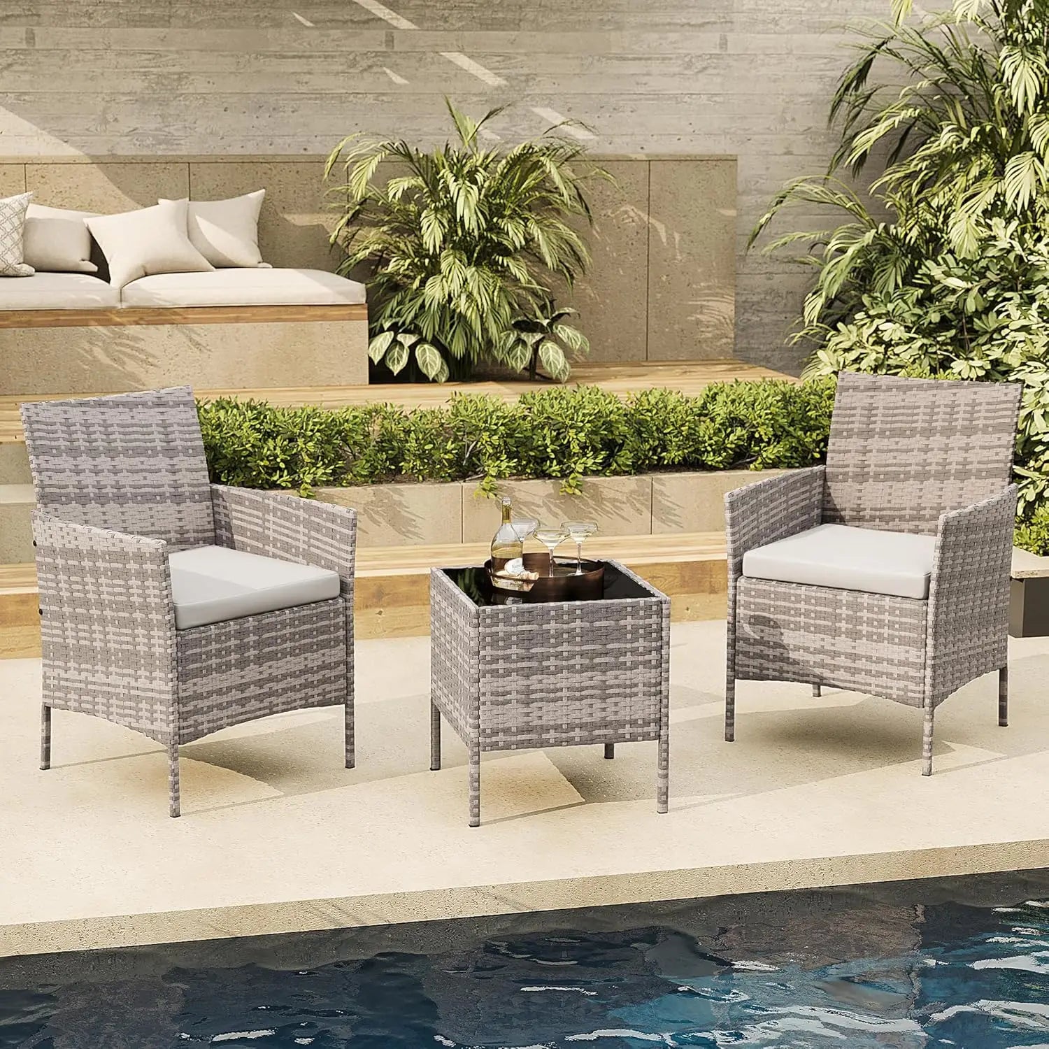 3-Piece Wicker Patio  Set, All-Weather With Glass Coffee Table