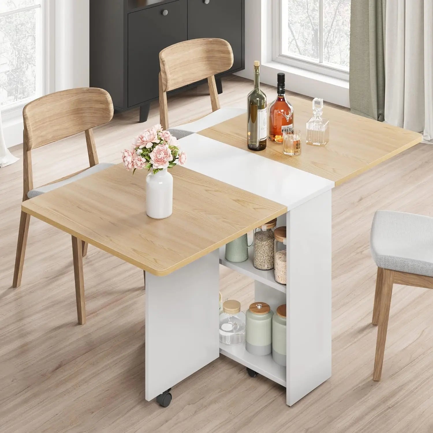 Wood Folding /Dining Table / 6 Wheels and 2-Layer Storage Shelf For Home Office, 47.2" D x 23.6" W x 29.5" H