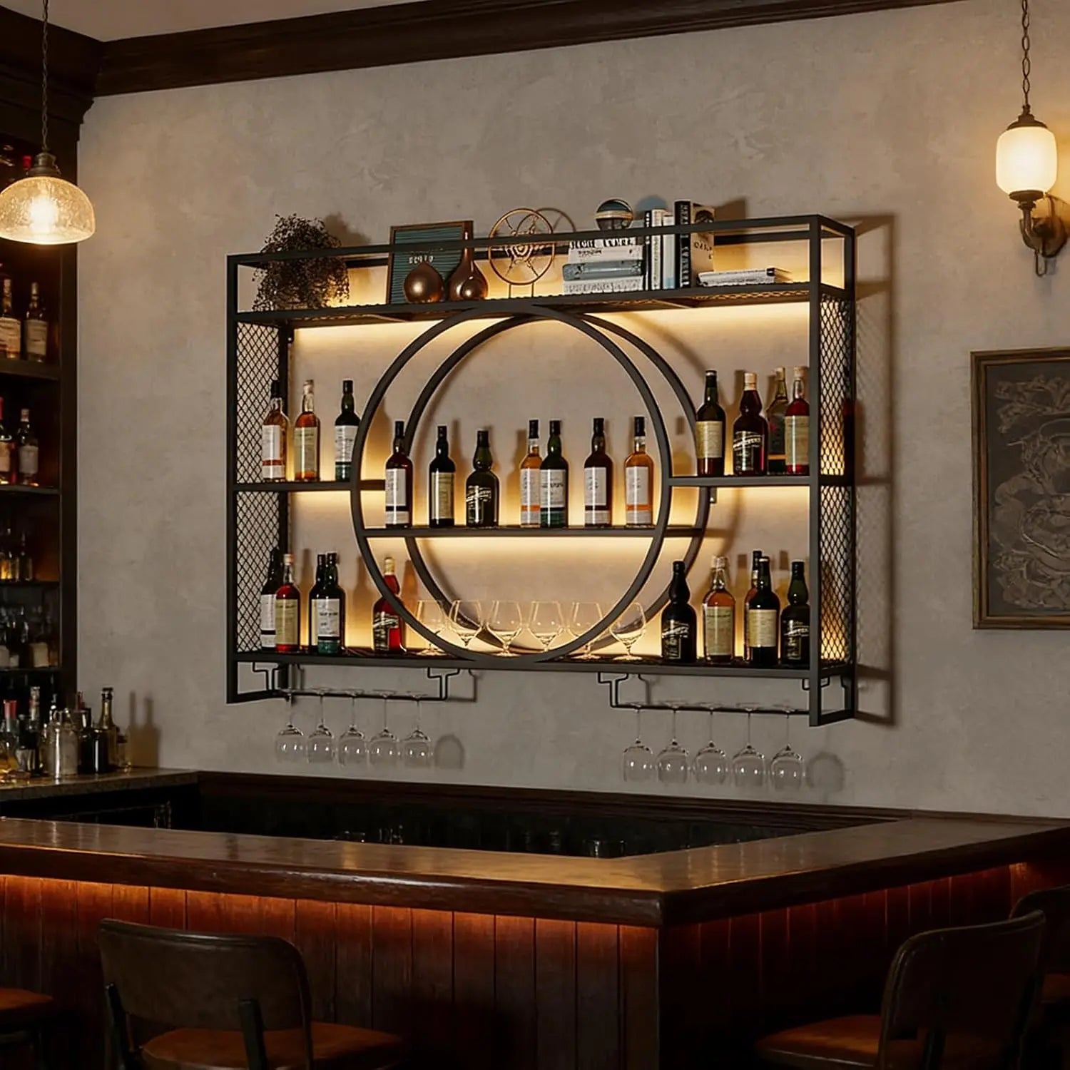 Wall Mounted Wine Rack with LED Lights, Iron Floating Wine Shelf