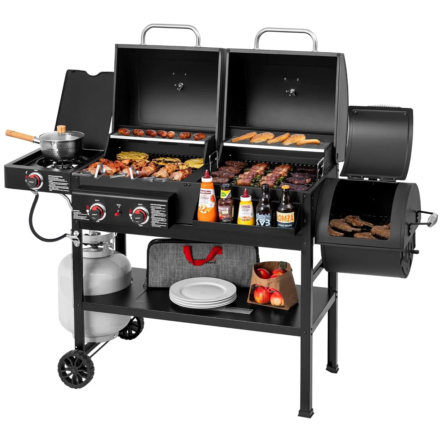 2-Burner Gas and Charcoal  Grill with Offset Smoker & Side Burner,