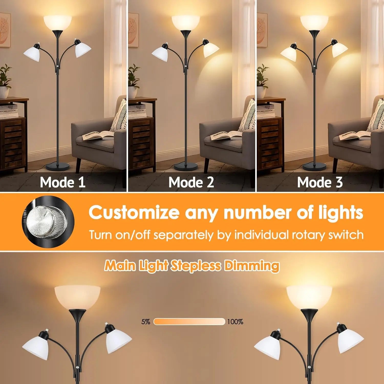 72-Inch Dimmable Floor Lamp with 2 Reading Lights, Black Standing Lamp for Living Room and Bedroom, Includes 3 Bulbs