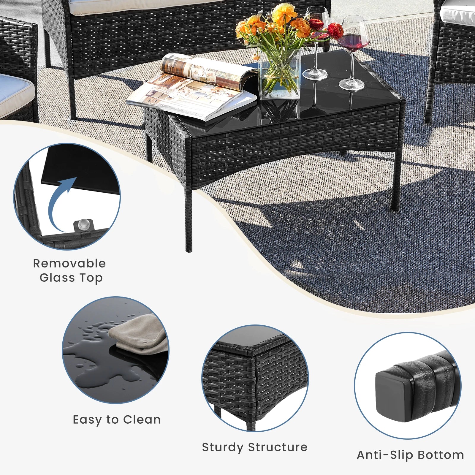 4 Piece  Patio Furniture Set with Soft Cushion and Glass Table