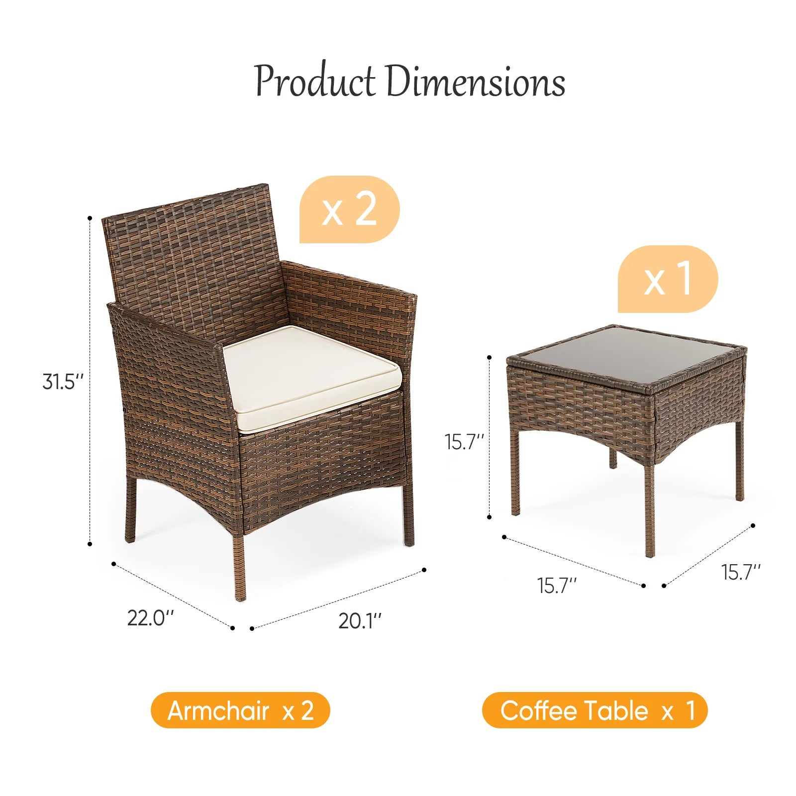 3 Pieces Outdoor Patio Furniture Set Manual Weaving Wicker Patio Chairs with Soft Cushion and Glass Table For Garden