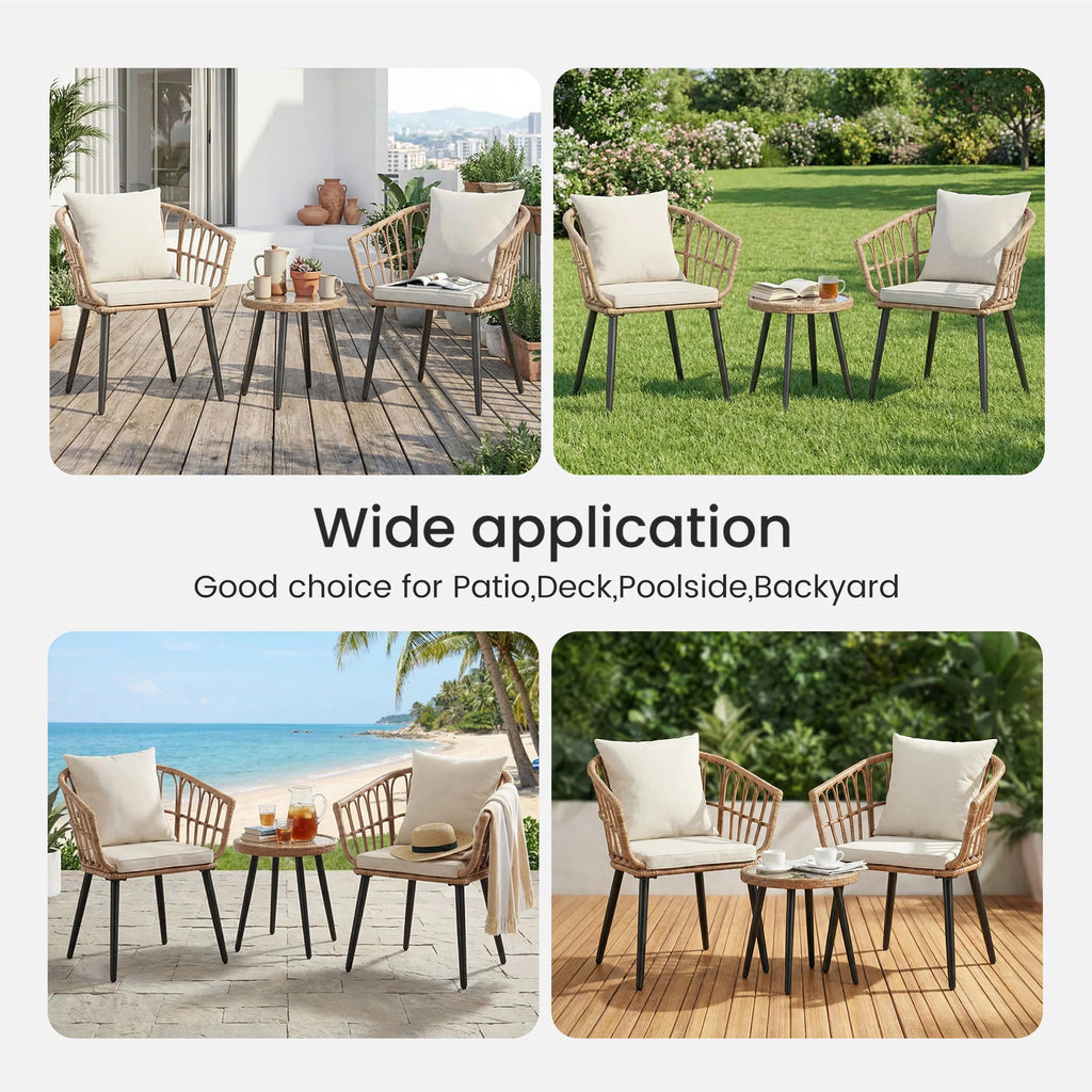 3 Pieces Wicker Patio Outdoor Set with Soft Cushion and Glass Steel Frame