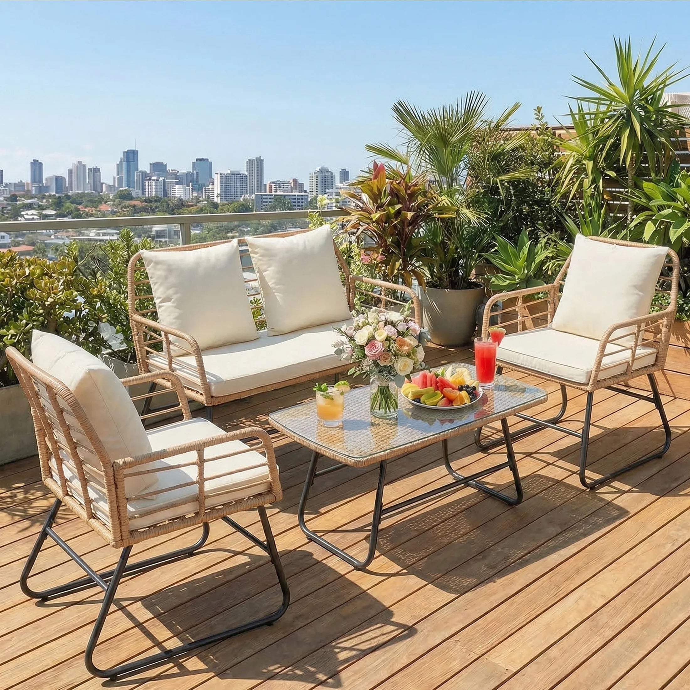 Wicker Patio  Set 4 Pieces with Soft Cushion and Glass Table